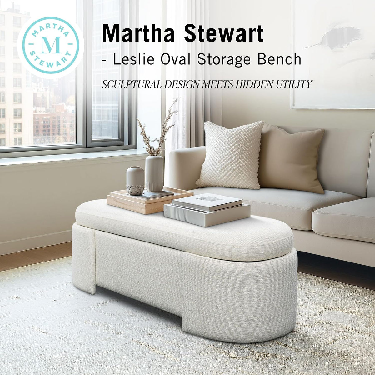 Martha Stewart Leslie Upholstered Storage Bench with Soft-Close Lid, Hidden Ventilated Storage, 48” Oval Entryway Ottoman Bench, No Assembly Required, Lily Pond Collection, Supports 400 lbs – Cream