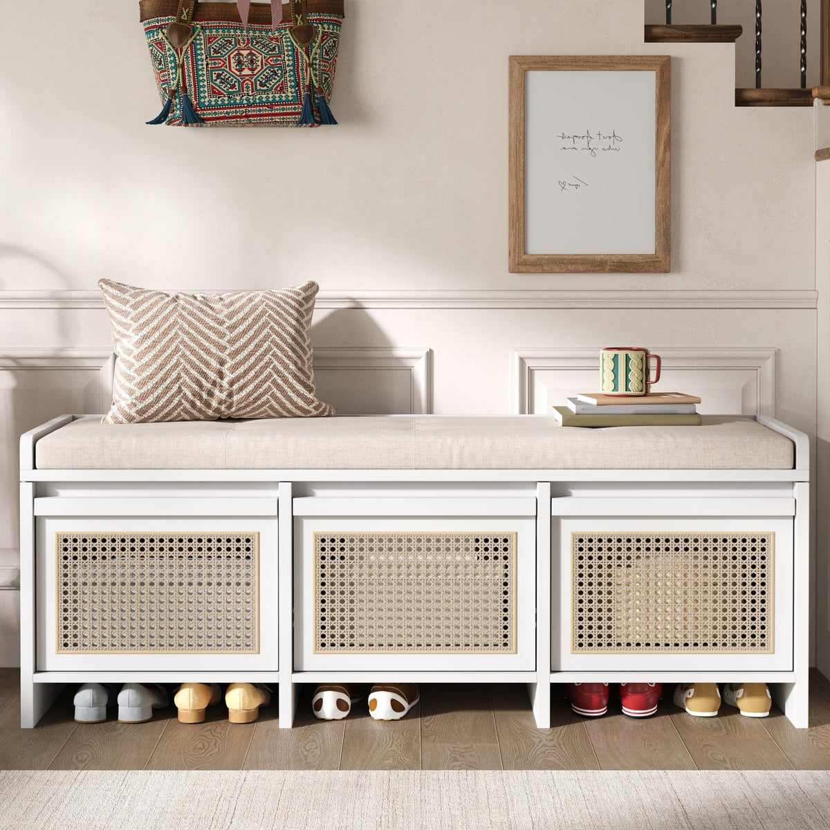 48" Entryway Storage Bench with 3 Rattan Drawers，Natural