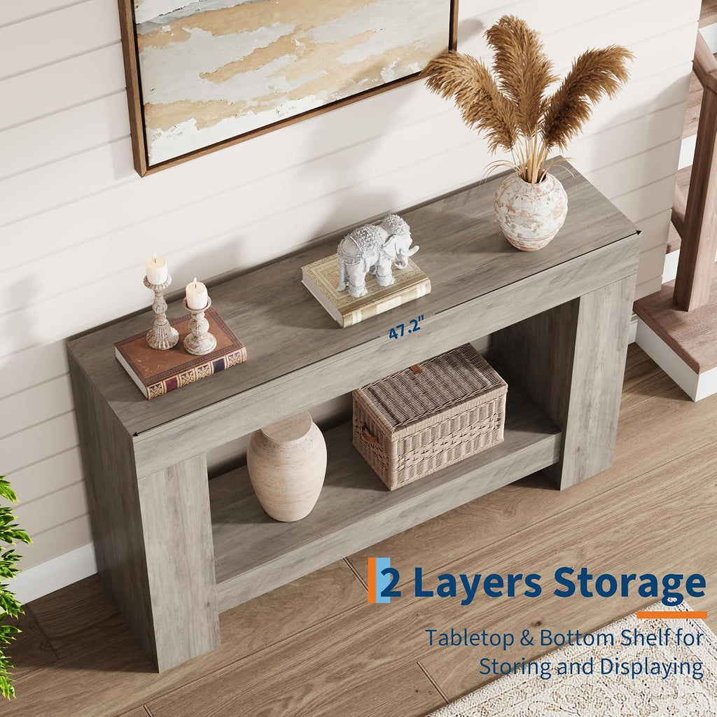 GarveeHome 47" Farmhouse 2-Tier Console Table for Entryway, Grey