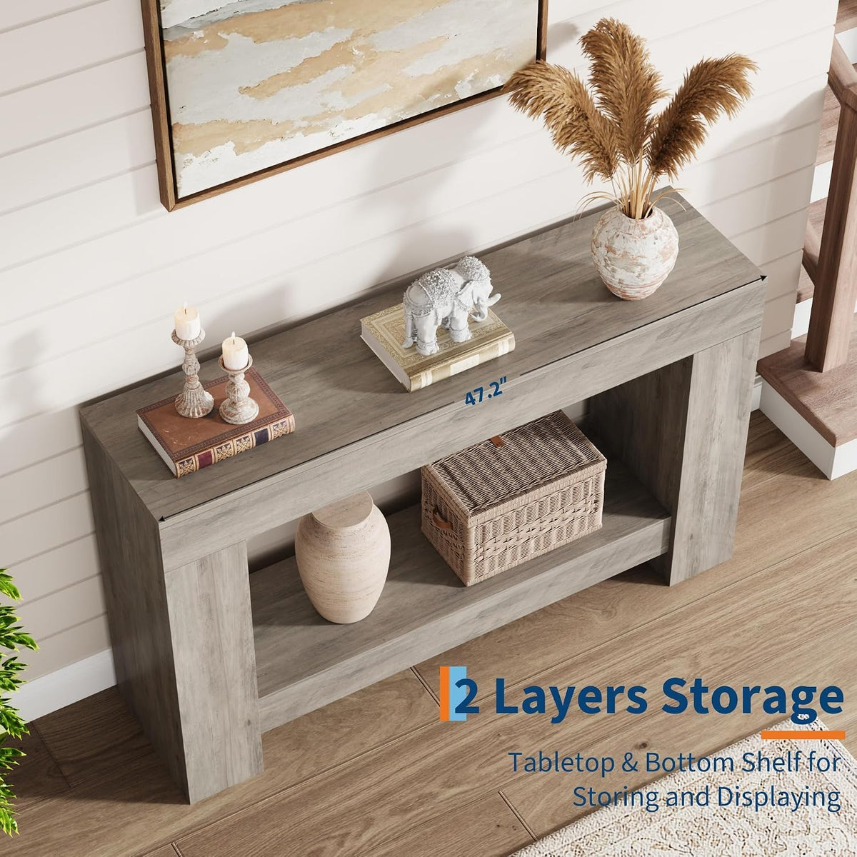 GarveeHome 47" Farmhouse 2-Tier Console Table for Entryway, Grey