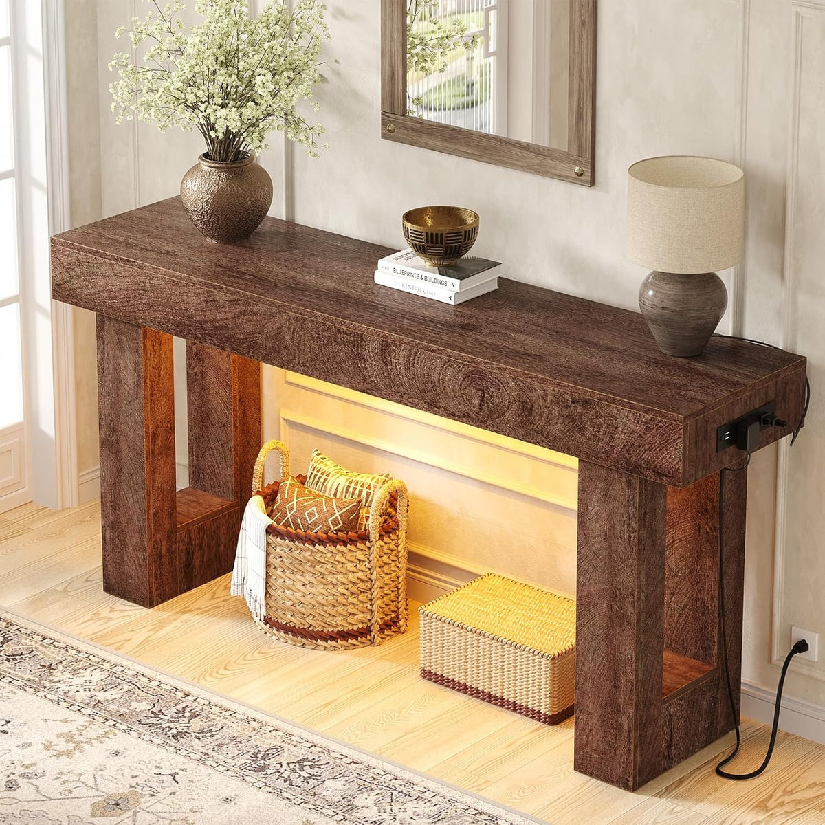 Unikito 63" Console Table with Sensor Light & AC Outlets with USB-C Ports