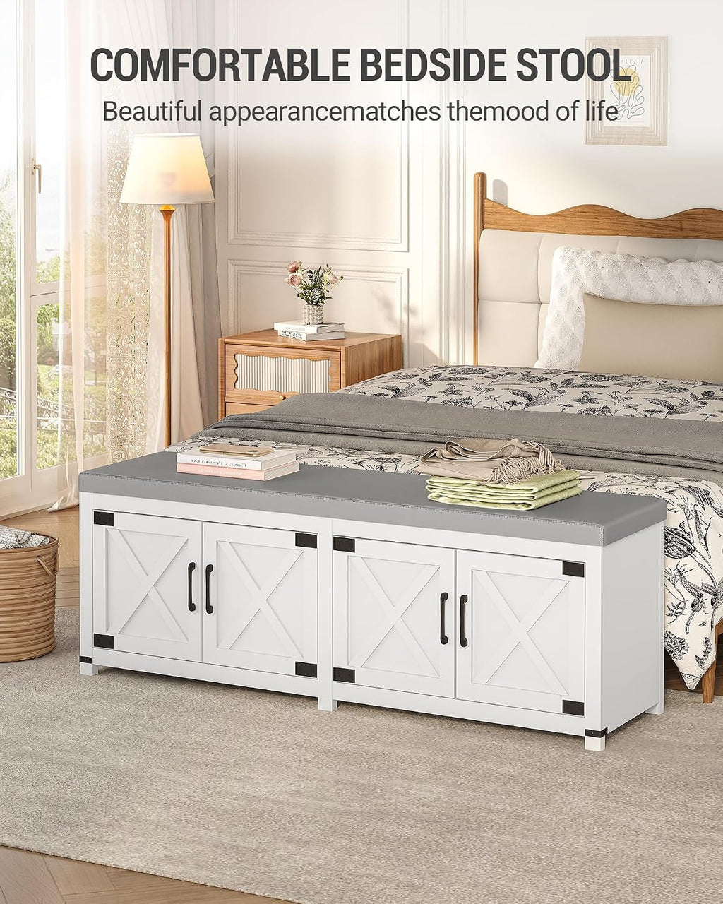 Hzuaneri 59" Shoe Storage Bench, with Soft Padded Seat Cushion & Doors
