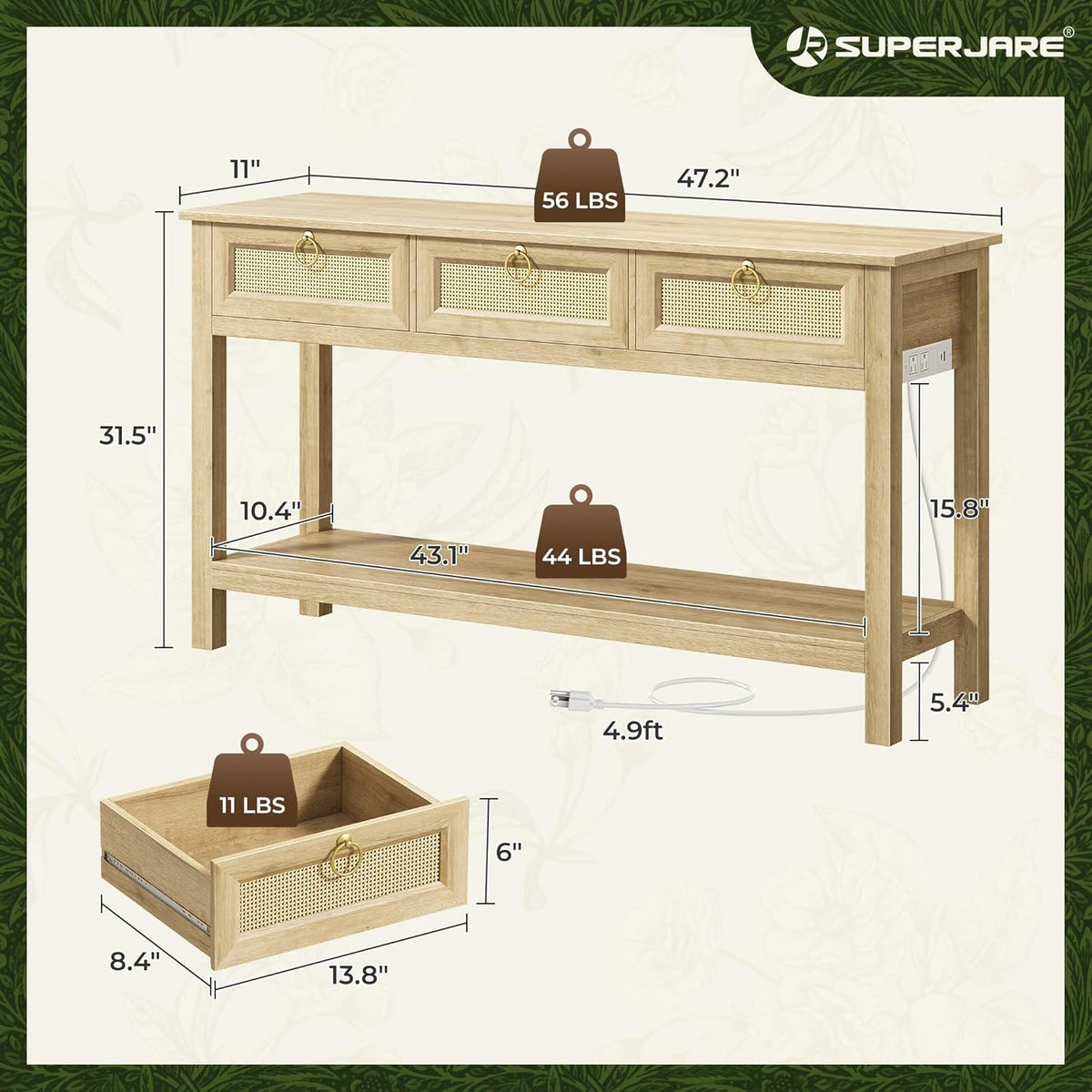 SUPERJARE Rattan Console Sofa Table with Outlets, USB-C Port and 3 Drawers