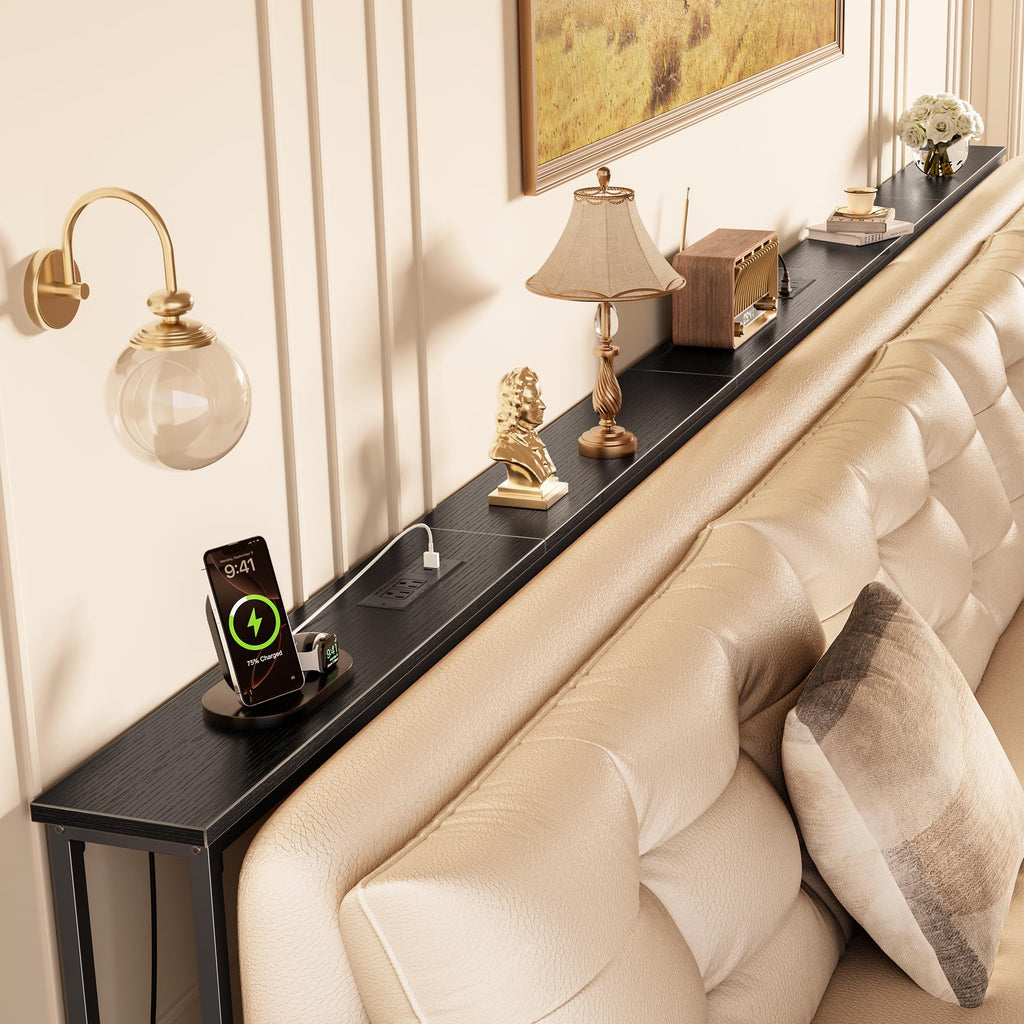 Huuger 118 Inch Sofa Table with Power Outlets, Skinny Behind Couch Table