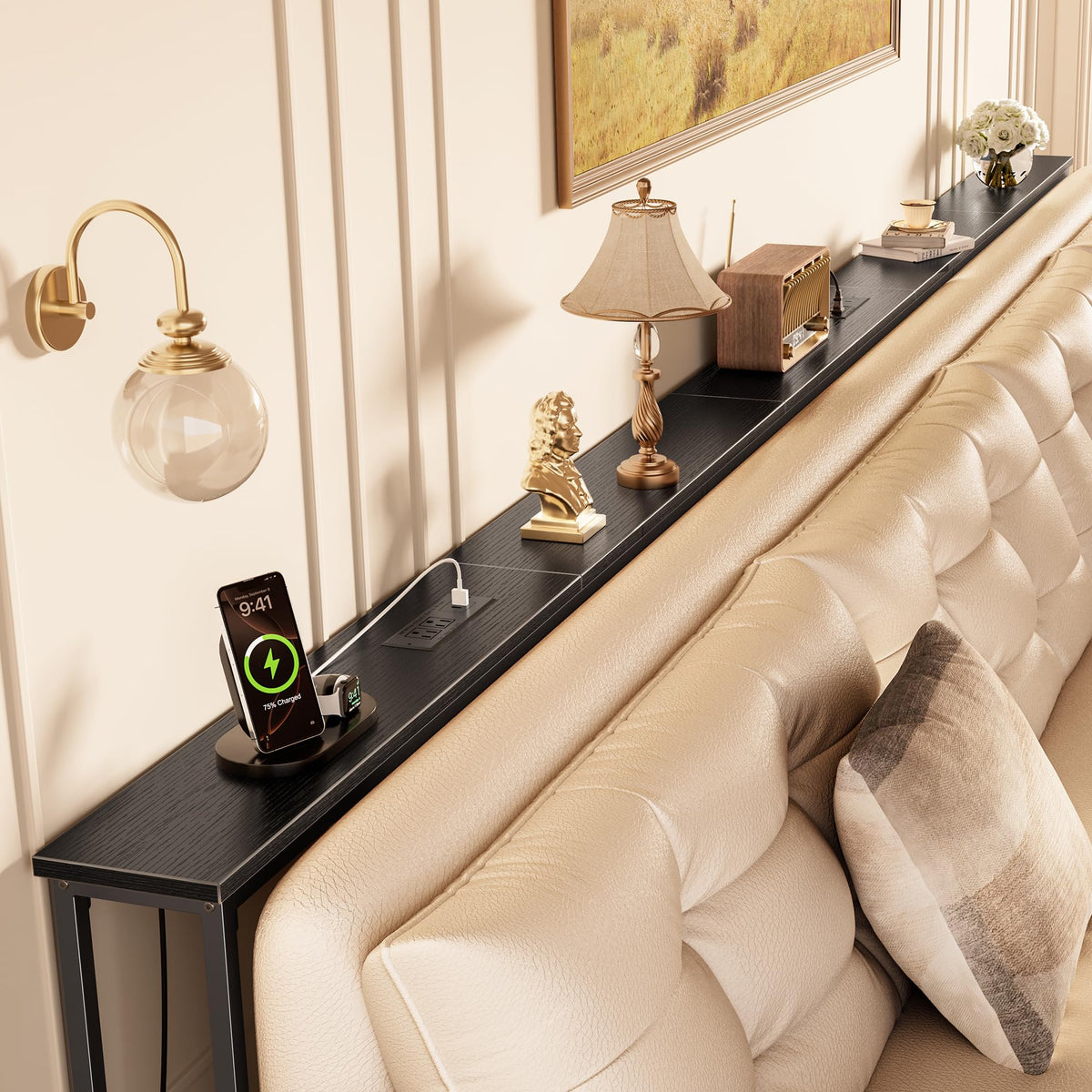 Huuger 118 Inch Sofa Table with Power Outlets, Skinny Behind Couch Table