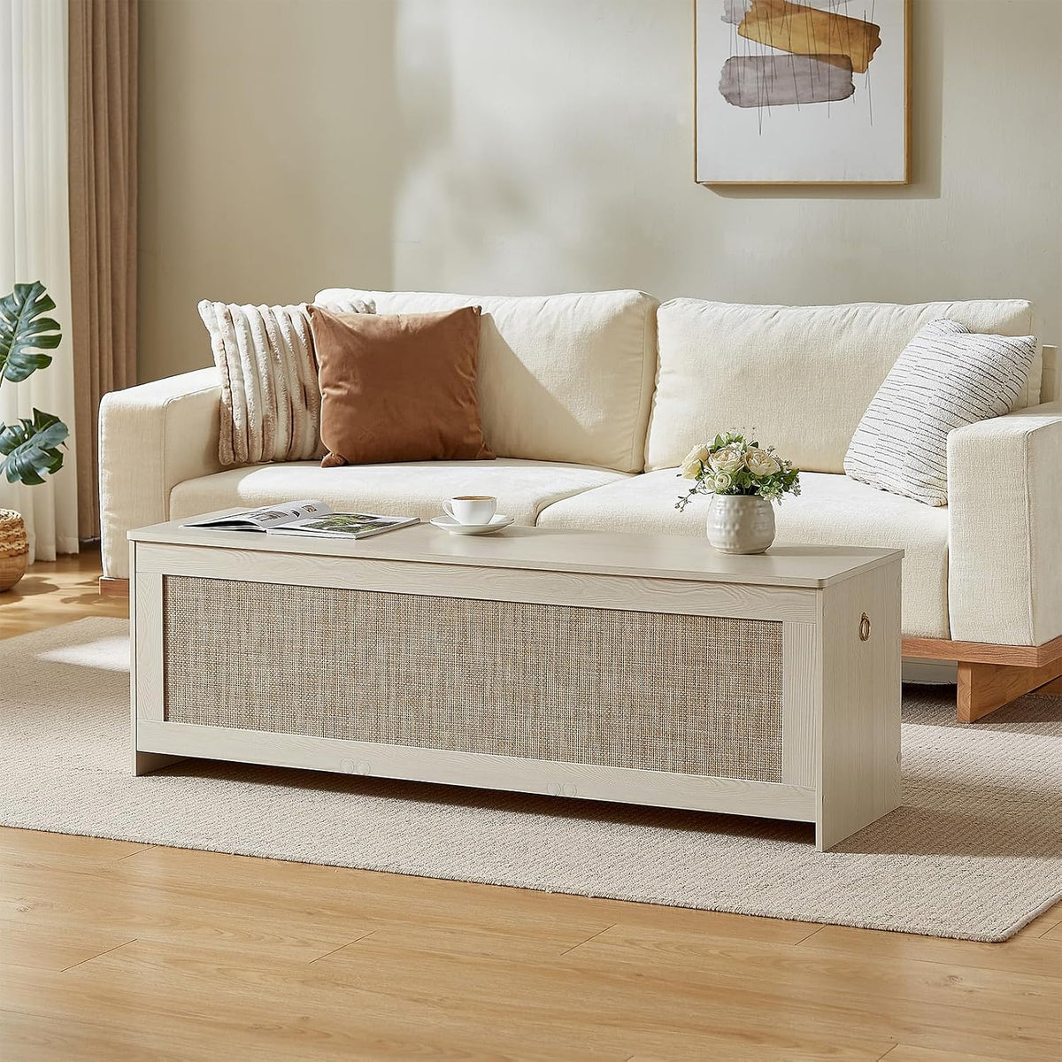 55.1" Storage Chest Extra Large,Rattan Storage Bench(White Cream)