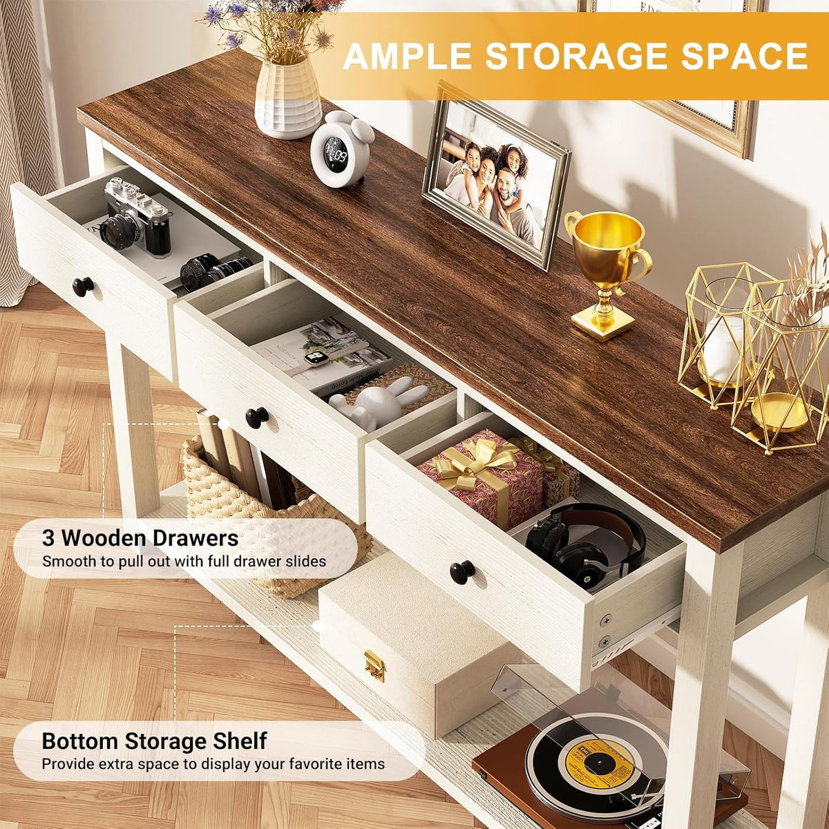 Homieasy Farmhouse Console Table with 3 Drawers, 47 Inch Wood Sofa Table with Storage Shelf for Living Room, Behind Couch, Entryway Table for Hallway, Living Room, or Foyer, Brown and Antique White