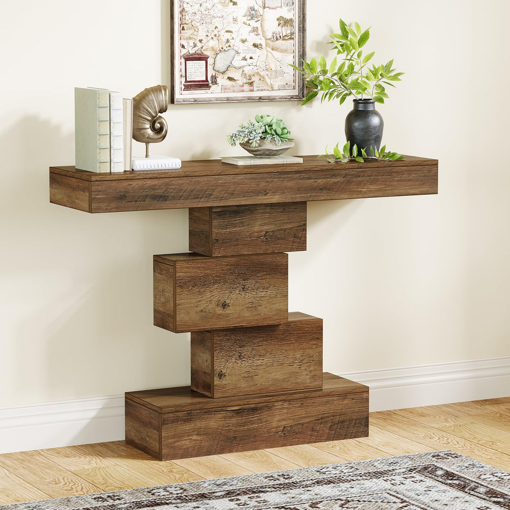Tribesigns 42.5" Farmhouse Console Table, Narrow Wood Sofa Table Behind Couch with Geometric Base, Industrial Entryway Accent Table for Living Room, Hallway, Entrance (Rustic Brown)