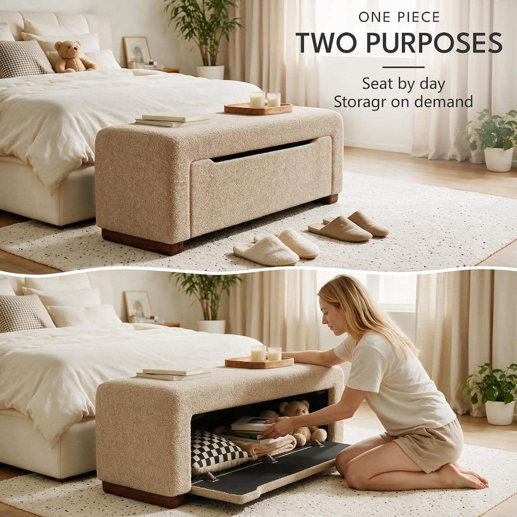 47.2" Upholstered Storage Bench for Bedroom, Boucle-Style End of Bed Bench with Hidden 25.7 Gallon Storage, Soft Textured Woven Ottoman Bench, Camel