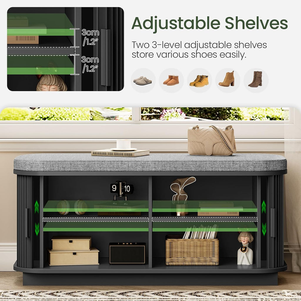 CHOEZON 39.4" Fluted Shoe Storage Bench with Cushion and Sliding Door