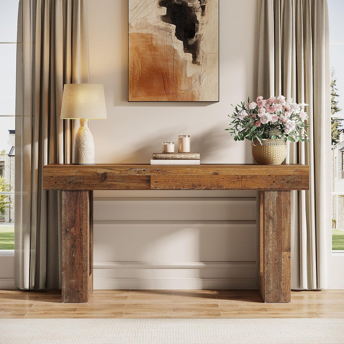 Tribesigns 63-Inch Long Console Table, Wooden Rectangular Sofa Table Behind The Couch, Farmhouse Entryway Table for Entrance, Hallway, Living Room (Mix Brown)