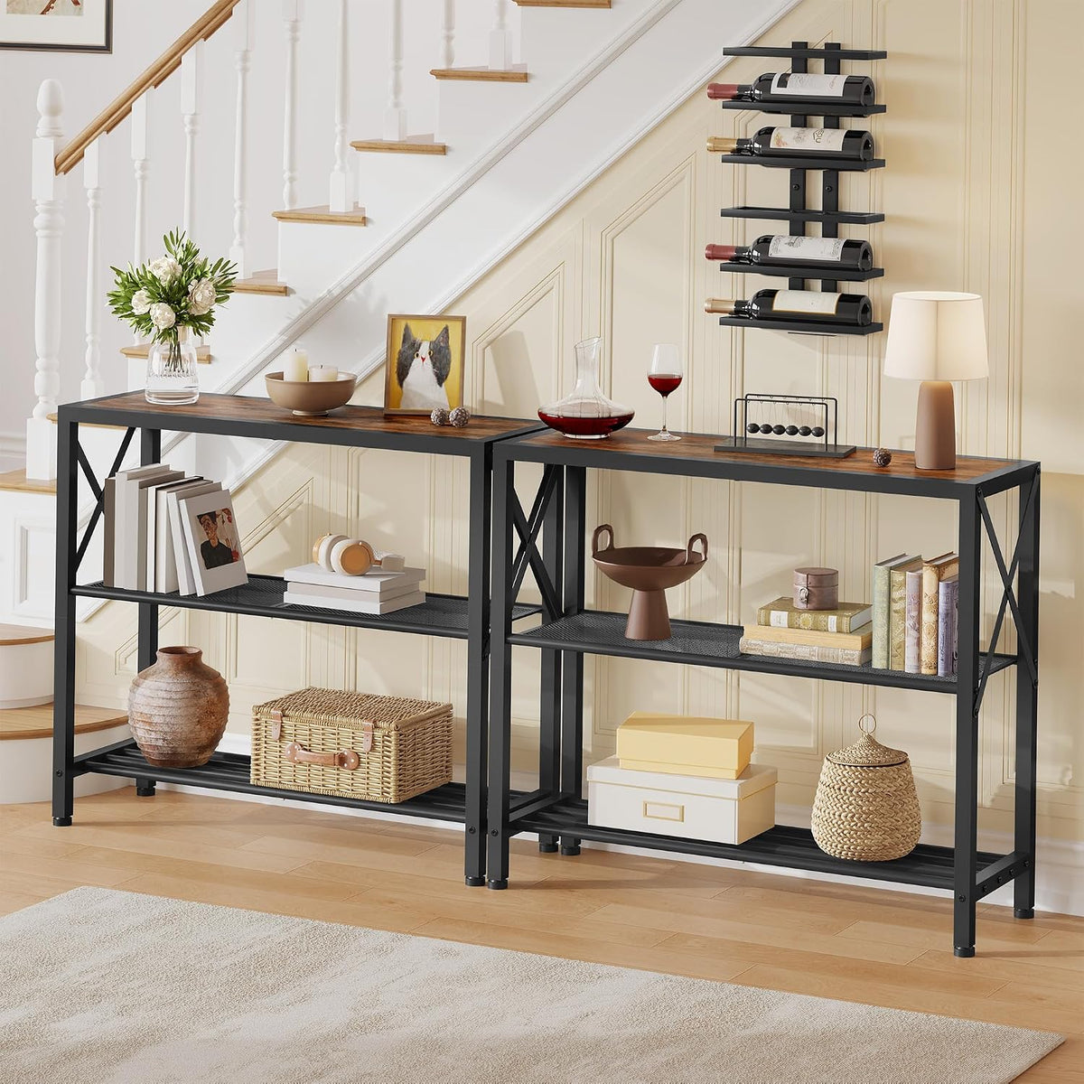 Hoctieon Set of 2 Industrial Console Table, 3 Tier Entryway Table, Metal Frame, Sofa Table with Shelf, Hallway Table, Entrance Table for Entryway, Living Room, Foyer, Hallway, Rustic Brown&Black