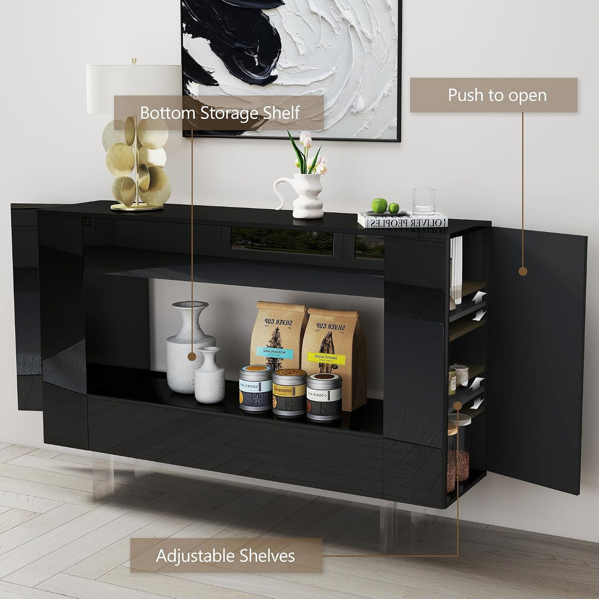 47" High Gloss Console Table with Hidden Side Storage, Black