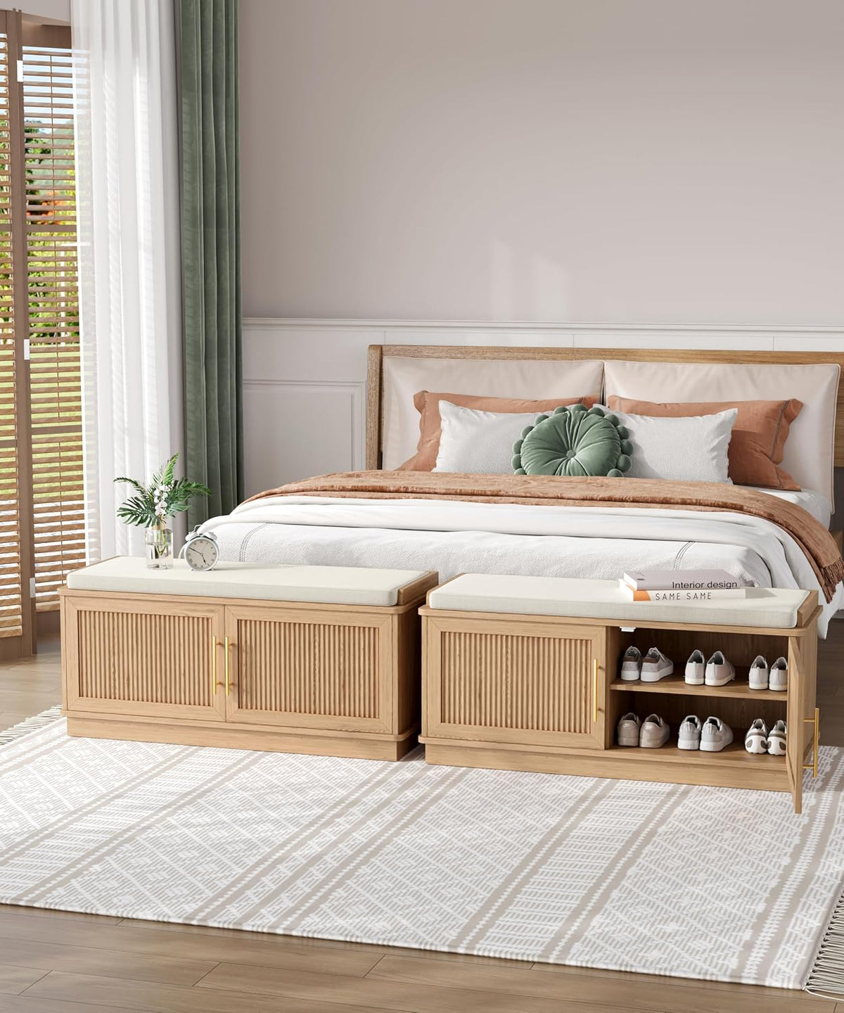 Akxomel 39.4" Fluted Shoe Storage Bench 2 Doors Wooden Entryway Bench Oak