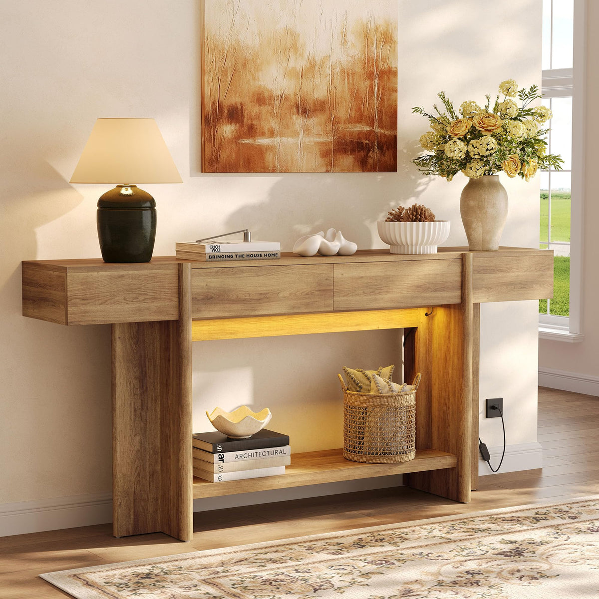 Einhomn 70.8" Long Console Table, 2 Drawer Entryway Table with Colorful LED Lights, Farmhouse Entry Way Table with Open Storage, Narrow Long Sofa Table for Entrance, Living Room, Hallway, Black