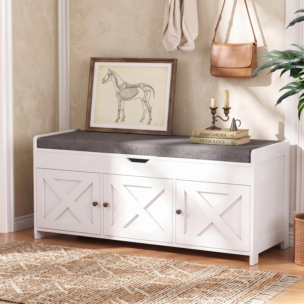 Marsail Shoe Storage Bench with Seating, Farmhouse Entryway Bench with Shoe Storage and Cushion, Under Window Benches Wooden Ottoman for Bedroom, Entry Way, Living Room, Cool Gray