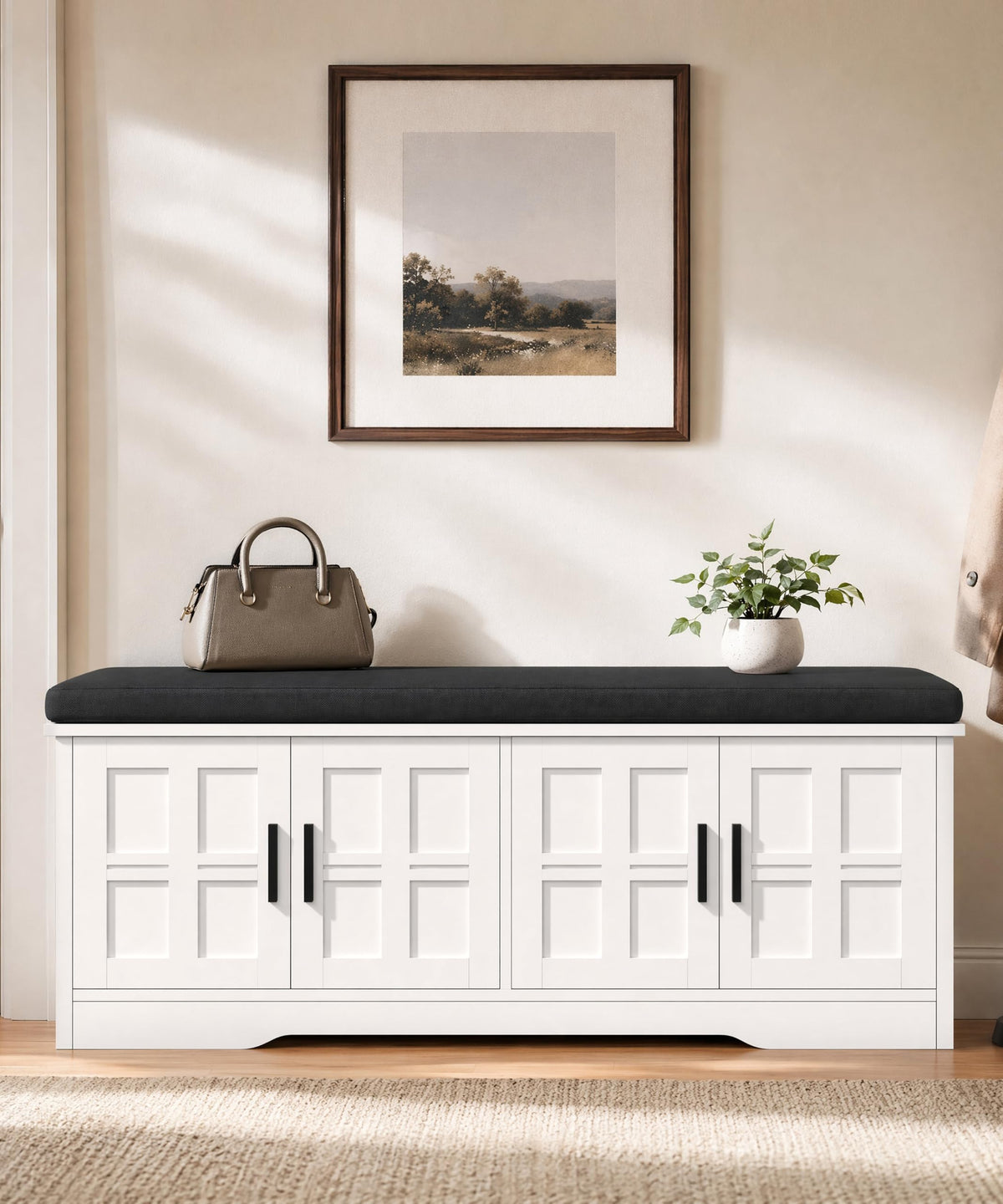 Akxomel 47.2" Shoe Storage Bench 4 Doors Wooden Entryway Bench White