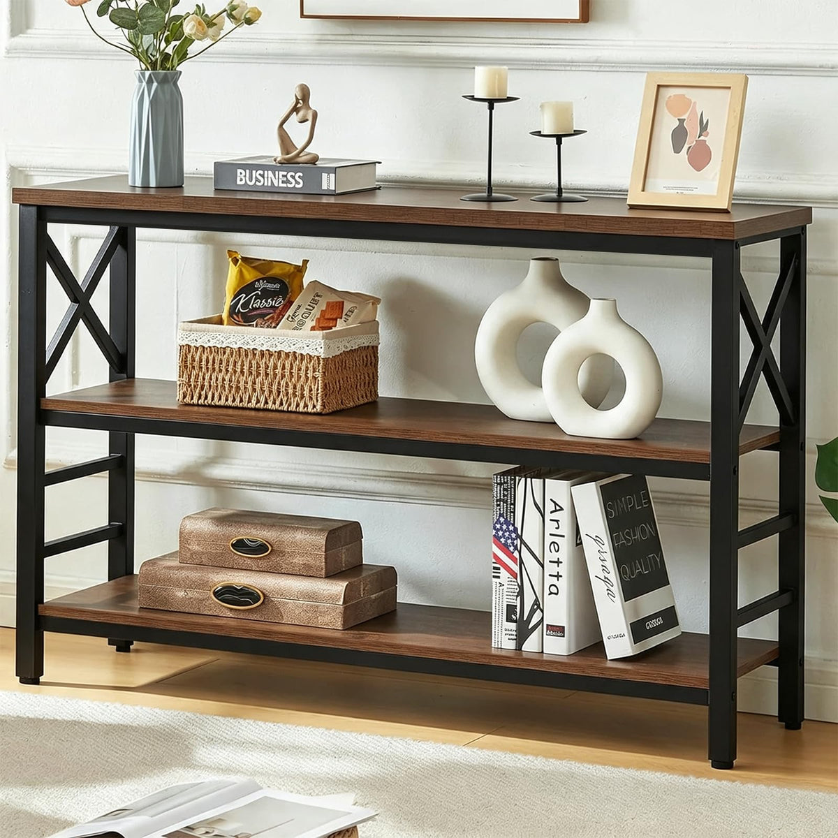 Hombazzar 3-Tier Sofa Table,Consoles Table for Entryway,Brown 47"