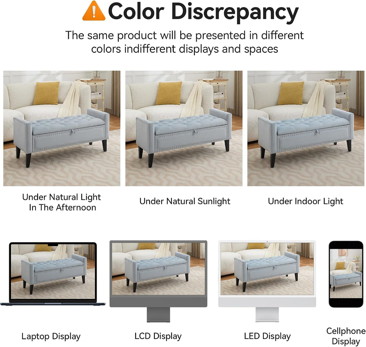WUTUTUEE 47" Velvet Storage Bench, Upholstered Bed Bench with Storage, End of Bed Ottoman with Wooden Legs,Bedside Storage Bench for Bedroom, Living Room, or Entryway, Blue Grey