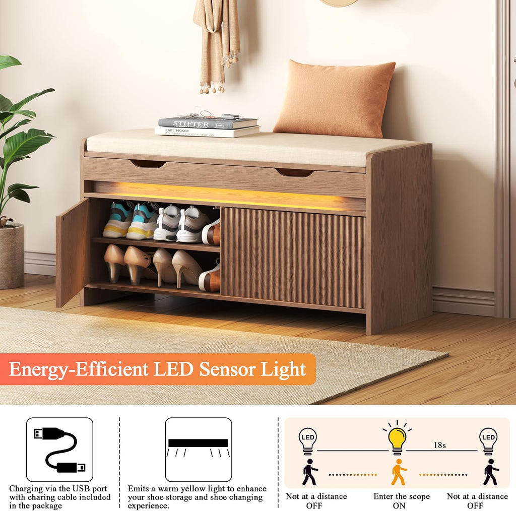 HOMEFORT Shoe Storage Bench, Modern Entryway Bench with Fluted Doors & Built-in LED Sensor Light, Wooden Shoe Bench with Cushion for Hallway and Bedroom, Walnut