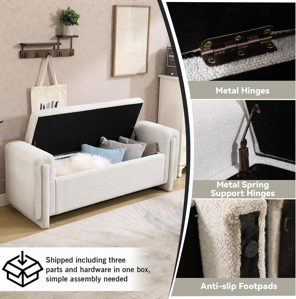 CIMOTA Modern Storage Ottoman Bench, 58” Large Upholstered Storage Bench with Armrests, Boucle Fabric Bedroom End of Bed Bench-Comfy Padded Footstool for Living Room, Entryway, White