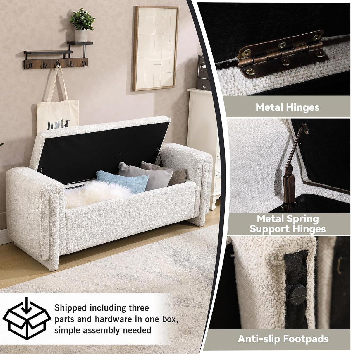 CIMOTA Modern Storage Ottoman Bench, 58” Large Upholstered Storage Bench with Armrests, Boucle Fabric Bedroom End of Bed Bench-Comfy Padded Footstool for Living Room, Entryway, White