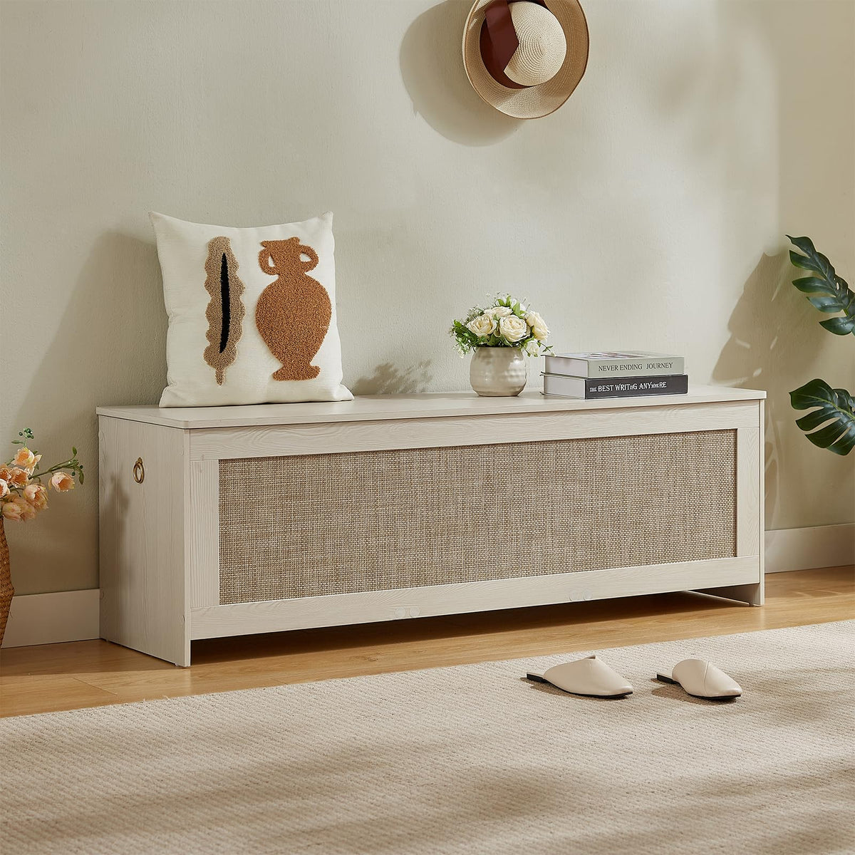 55.1" Storage Chest Extra Large,Rattan Storage Bench(White Cream)