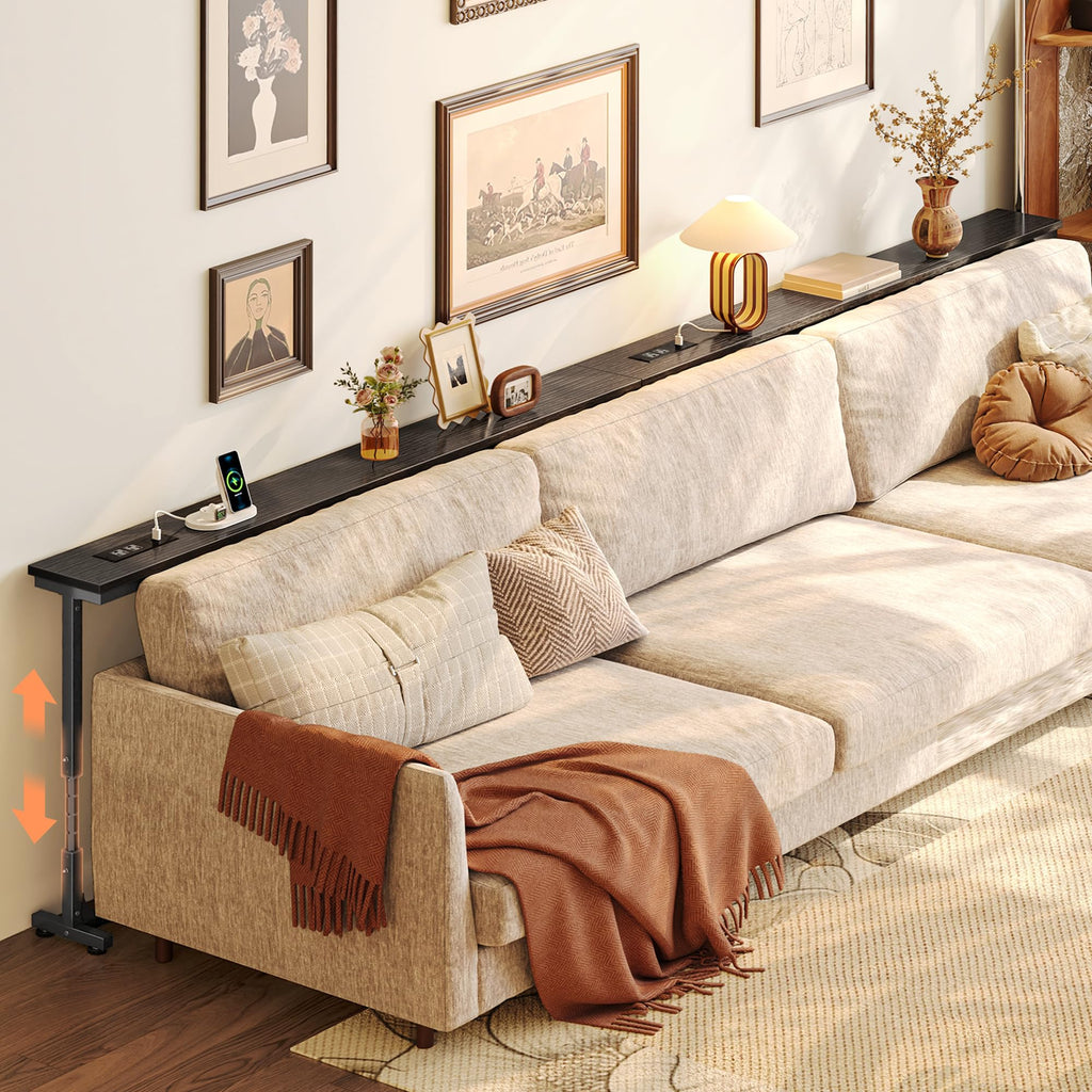 Huuger 78.7 Inch Height Adjustable Behind Couch Table with Power Outlets, 23.9’’-34.4’’ Range, Sofa Tables Narrow Long with USB-C Ports, Skinny Console Table, for Small Spaces, Rustic Brown