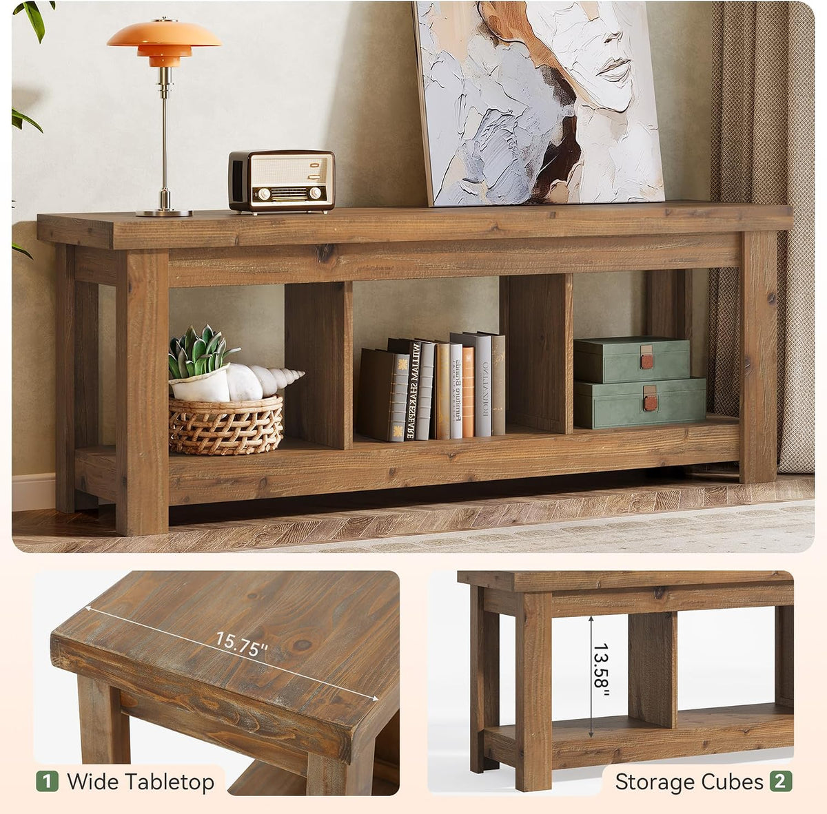 Tribesigns 63-inch Solid Wood Console Table with 3 Storage Cubes