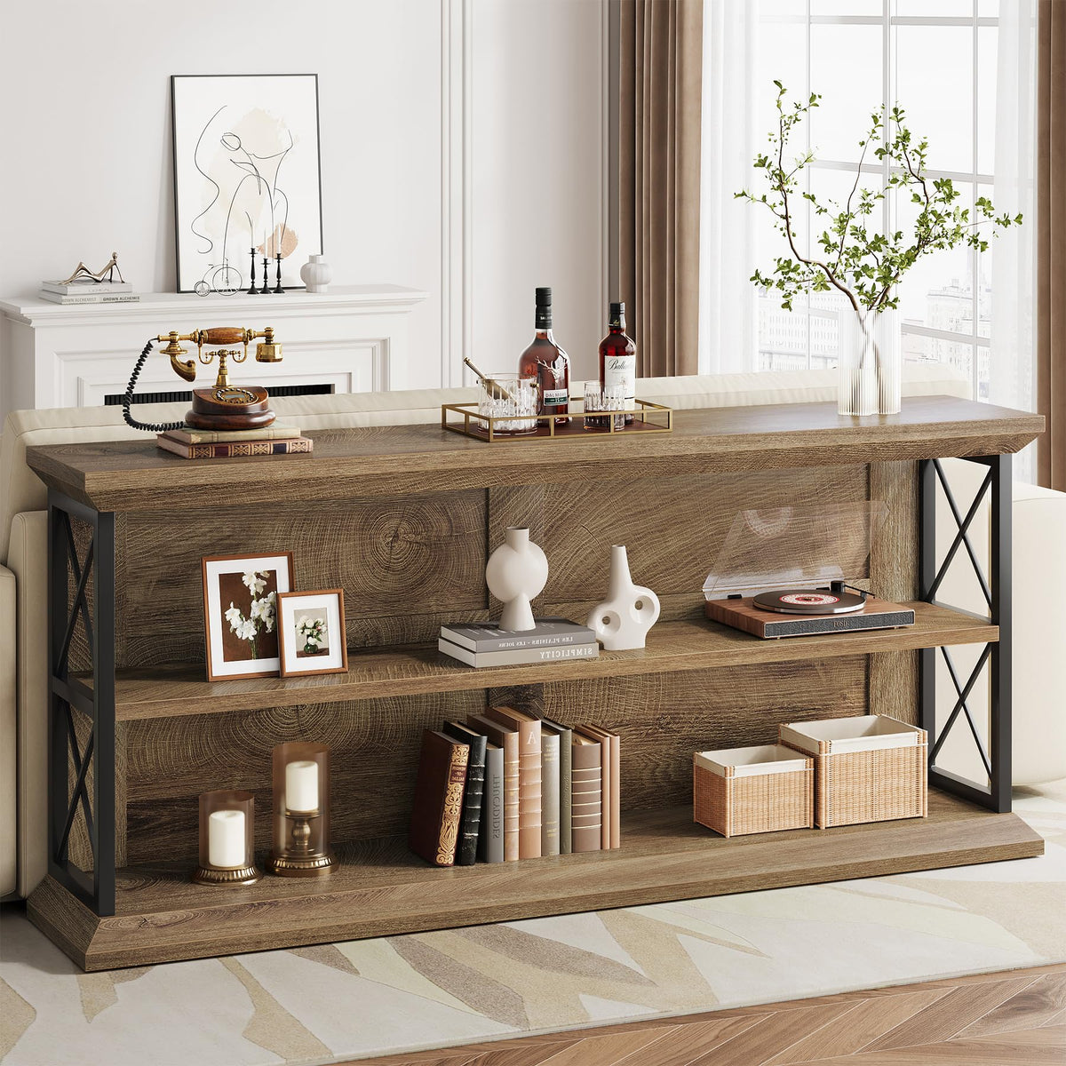 63" Entryway Console Table with 3-Tier Storage Shelf, Behind Couch