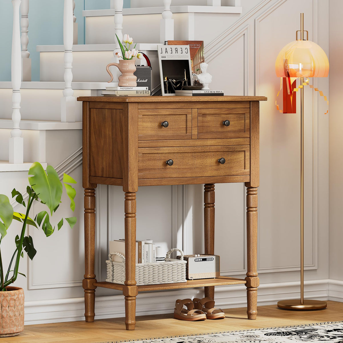 Knocbel Slim Antique Entry Console Table with 3 Drawers & Bottom Open Shelf, Solid Wood Narrow Sofa Couch Table for Entryway Hallway Living Room 23.7" W x 13" D x 31.4" H Natural