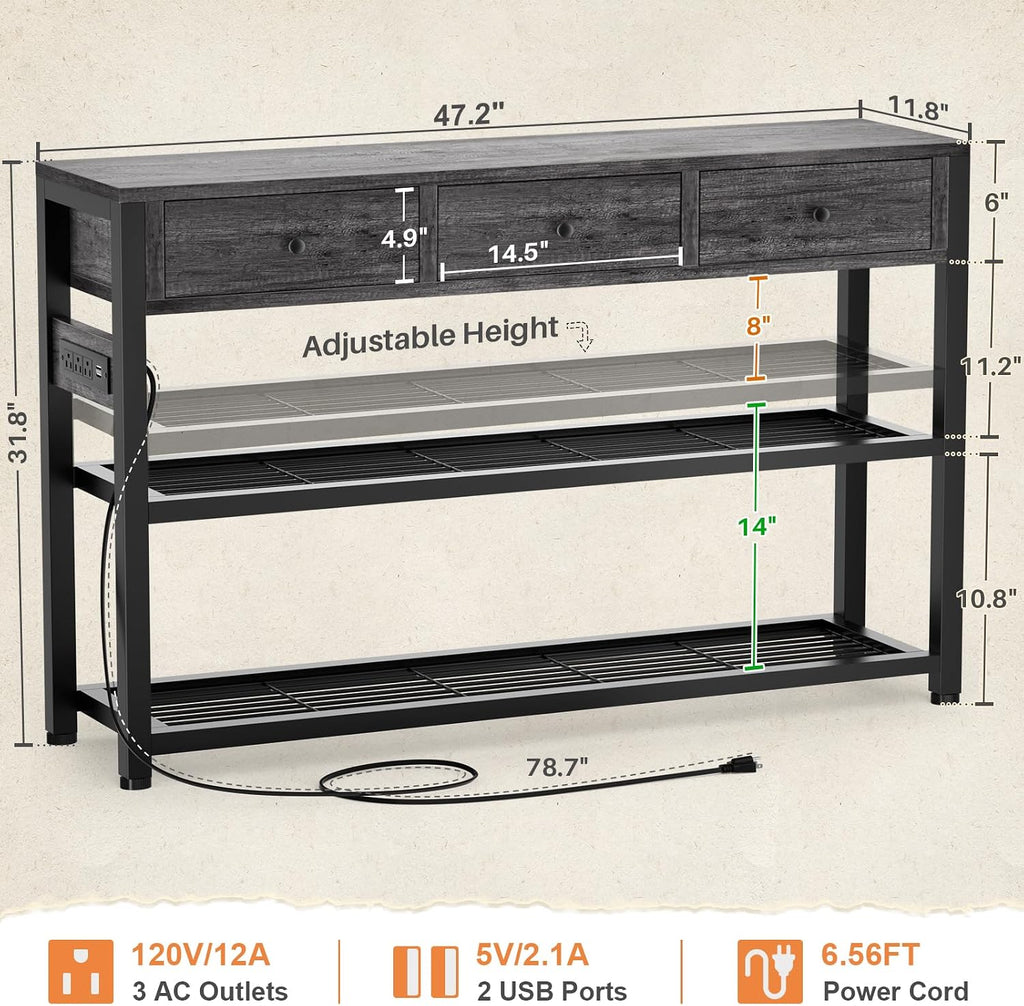 Ecoprsio Entryway Table with Power Outlets, 47" Console Table with Drawers