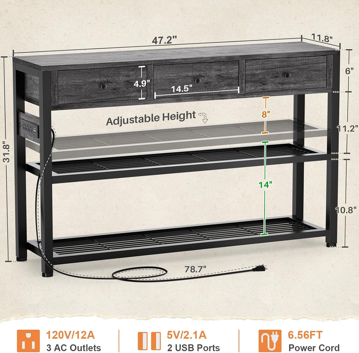Ecoprsio Entryway Table with Power Outlets, 47" Console Table with Drawers