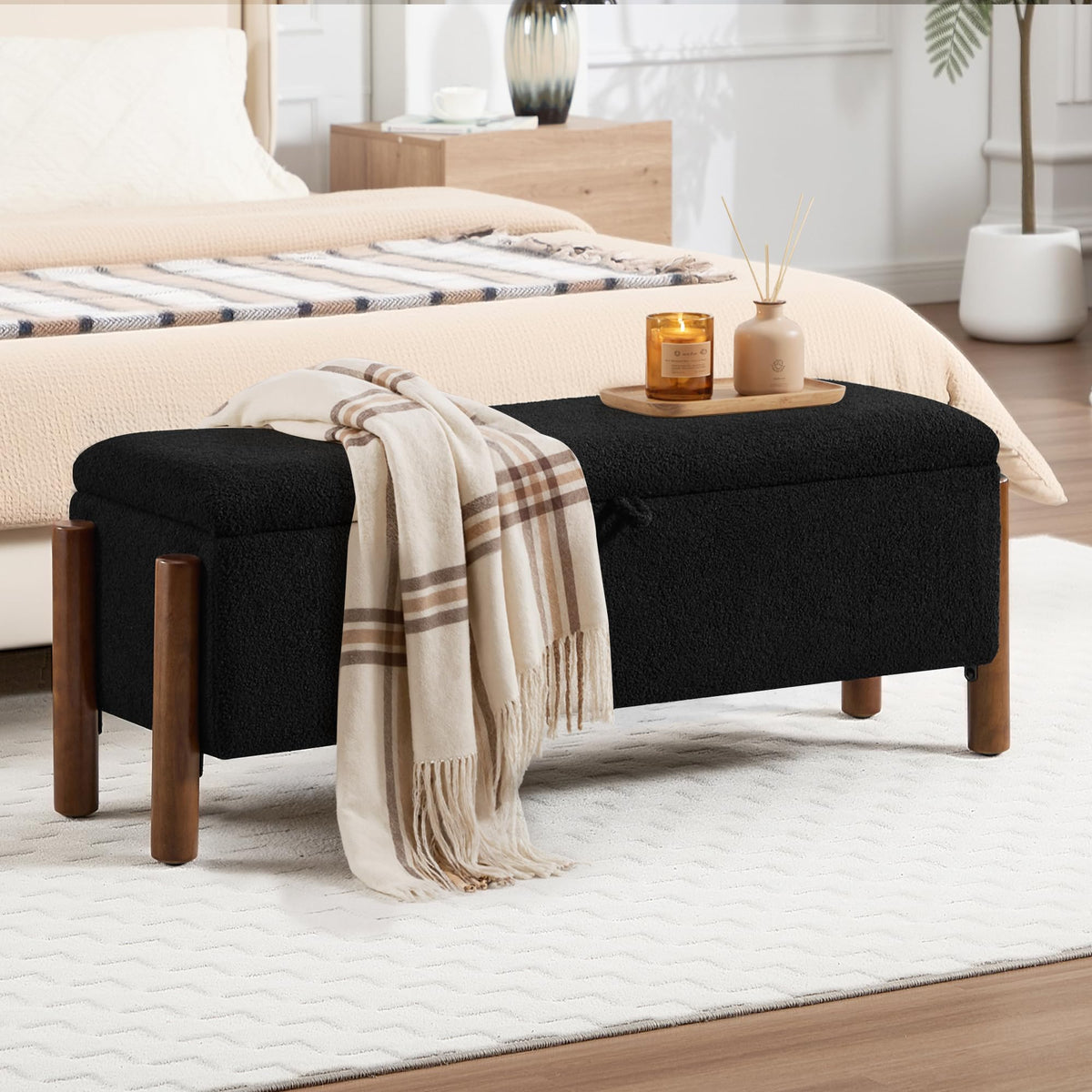 47'' Modern Storage Ottoman Benches with Walnut Wood Legs Ottoman Bench with 22 Gallons Storage Space Fabric Upholstered Seating End of Bed Bench for Bedroom for Livingroom Green