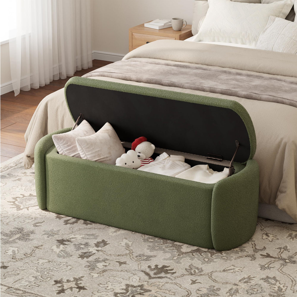 VKNOW Storage Bench, Upholstered Storage Ottoman Bench with Hinge, Khaki