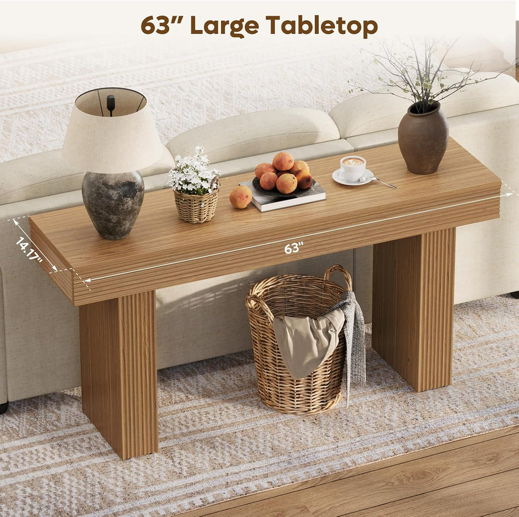 Bestier 63” Entryway Table, Wood Fluted Console Table Behind Couch, Brown