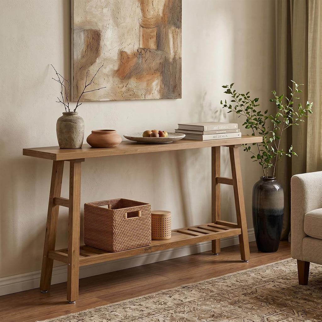 59" Solid Firwood Console Table, Farmhouse Natural Entryway Table