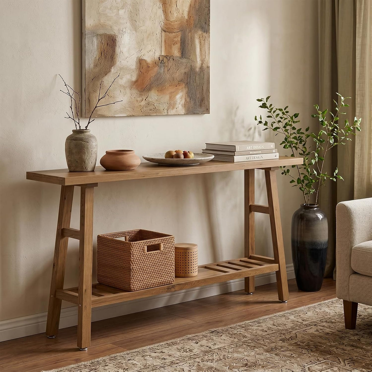 59" Solid Firwood Console Table, Farmhouse Natural Entryway Table