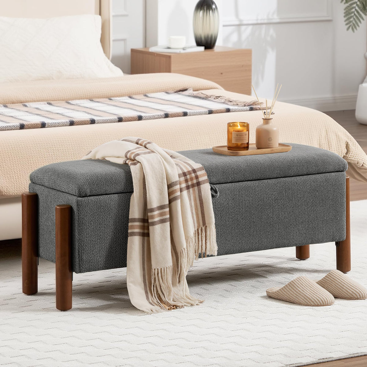 47'' Modern Storage Ottoman Benches with Walnut Wood Legs Ottoman Bench with 22 Gallons Storage Space Fabric Upholstered Seating End of Bed Bench for Bedroom for Livingroom Green