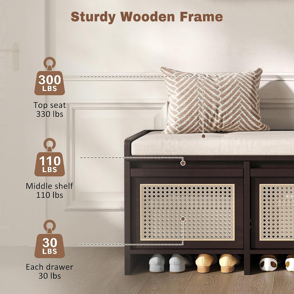 48" Entryway Storage Bench with 3 Rattan Drawers，Espresso