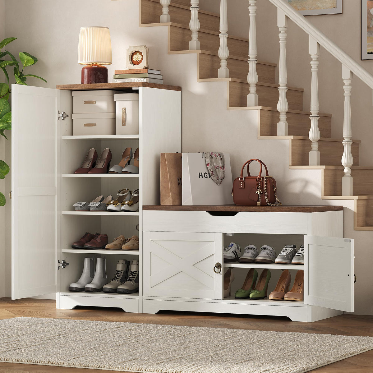 47'' Shoe Cabinet with Bench Seat, 7-Tier Shoe Storage Bench for Entryway with Adjustable Shelves, 0.7'' Top Panel and Hidden Lift Top Storage for Hallway Entrance, White