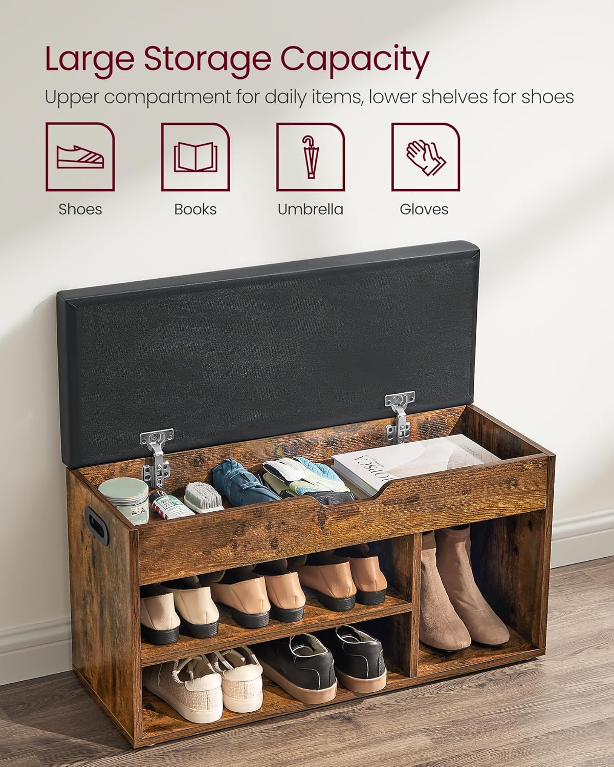 VASAGLE Storage Bench with Cushion, Shoe Bench,11.8 x 31.5 x 17.3 Inches