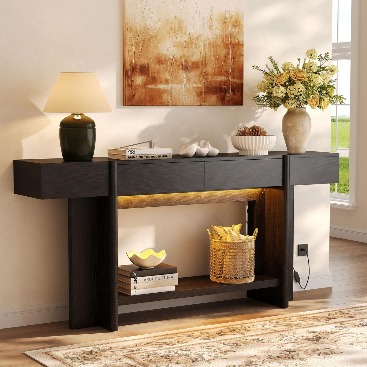 Einhomn 70.8" Long Console Table, 2 Drawer Entryway Table with Colorful LED Lights, Farmhouse Entry Way Table with Open Storage, Narrow Long Sofa Table for Entrance, Living Room, Hallway, Black