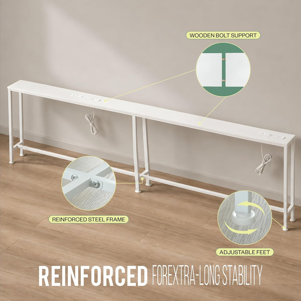 118 inch Extra-Long Sofa Table Behind Couch with Outlets, 5.9 inch Deep Narrow Console Table with Storage, Extra-Long Side Table Room Decor for Entryway Hallway Small Spac, White