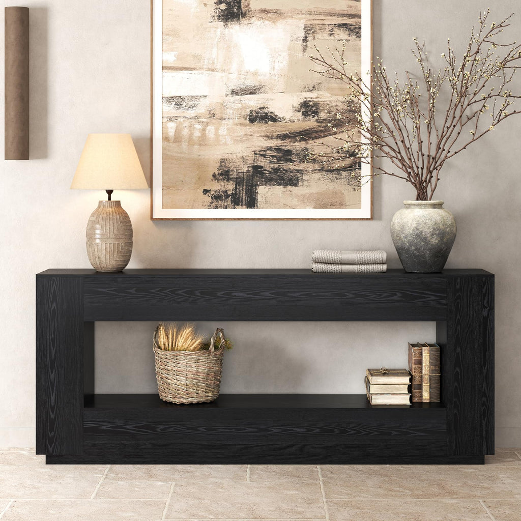 Epecoya 78 Inch 2-Tier Extra Long Console Table, Oak Brown Wood Sofa Table