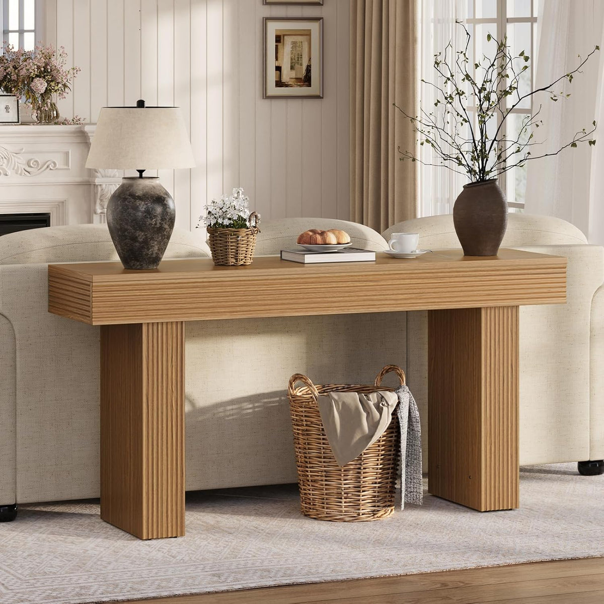 Bestier 63” Entryway Table, Wood Fluted Console Table Behind Couch, Brown