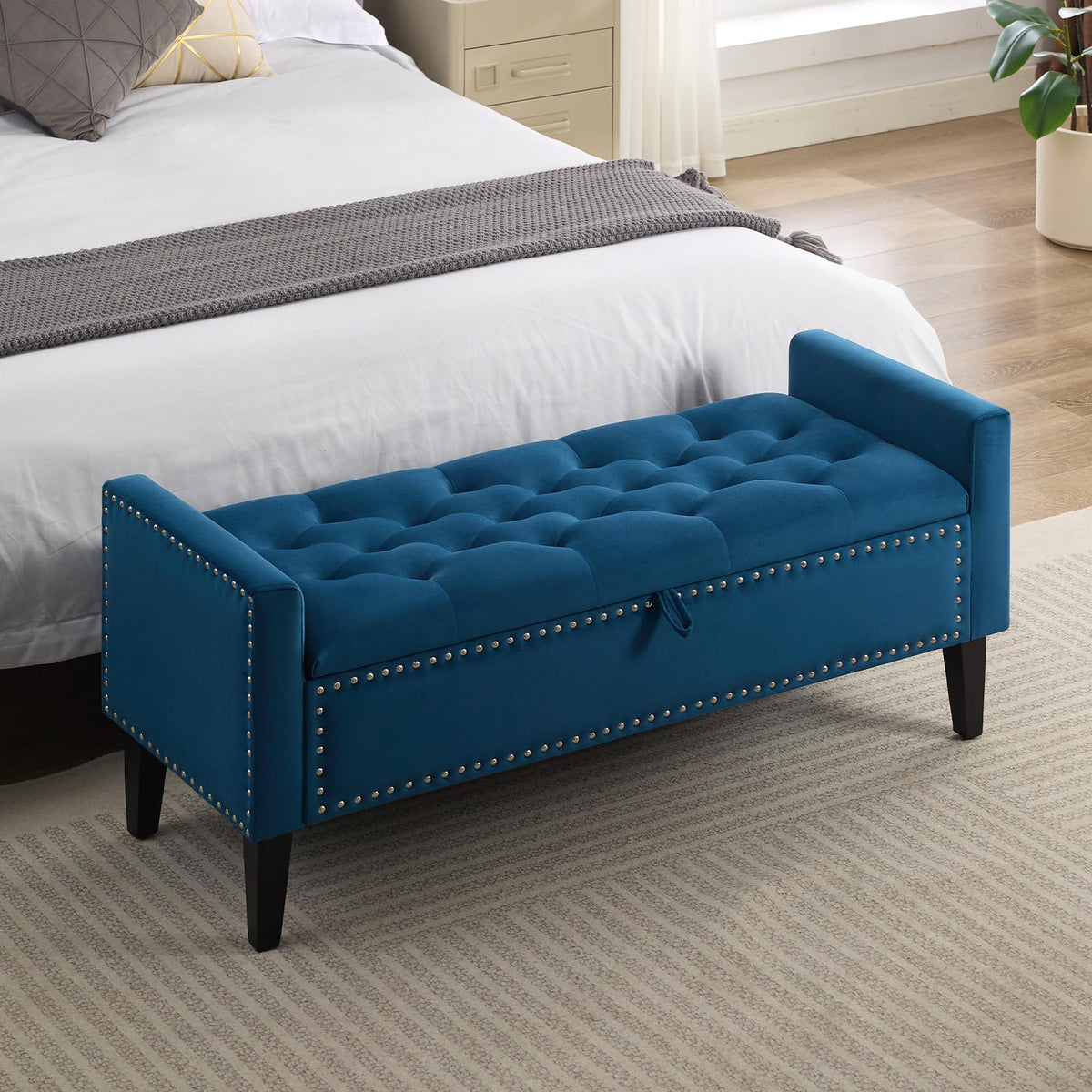 WUTUTUEE 47" Velvet Storage Bench, Upholstered Bed Bench with Storage, End of Bed Ottoman with Wooden Legs,Bedside Storage Bench for Bedroom, Living Room, or Entryway, Blue Grey