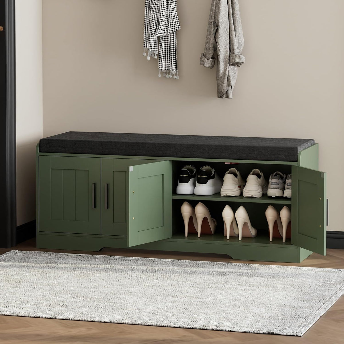 Homleke Shoe Storage Bench, 4 Doors & Thickened Padded Seat Cushion