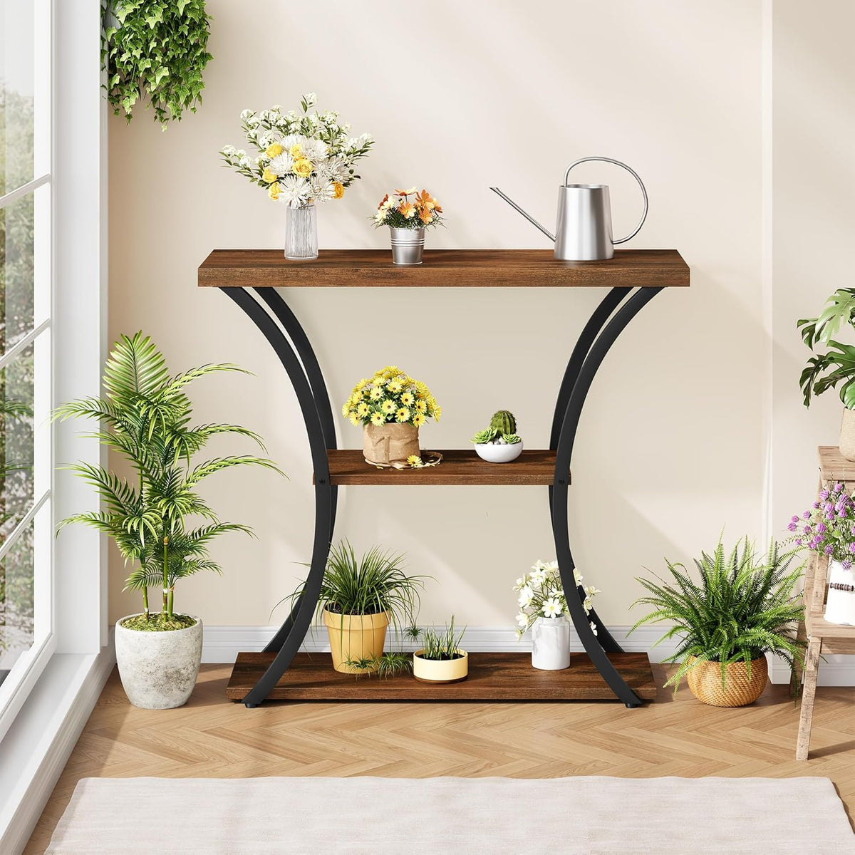 Hoctieon 3 Tier Console Table with Open Wood Shelves, Decorative Entryway Table with Curved Metal Frames, Narrow Sofa Table for Entrance, Living Room, Hallway, Rustic Brown+Black