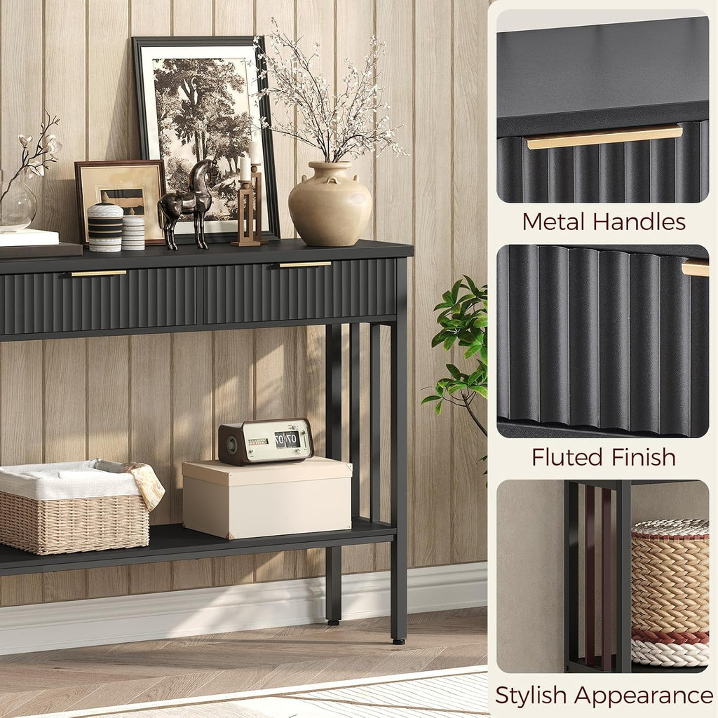 MAHANCRIS 39.4" Console Table with 2 Drawers, Fluted Black Entryway Table